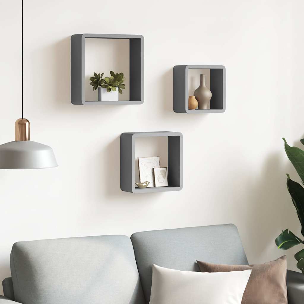 Vidaxl wandschappen kubus 3 st mdf grijs