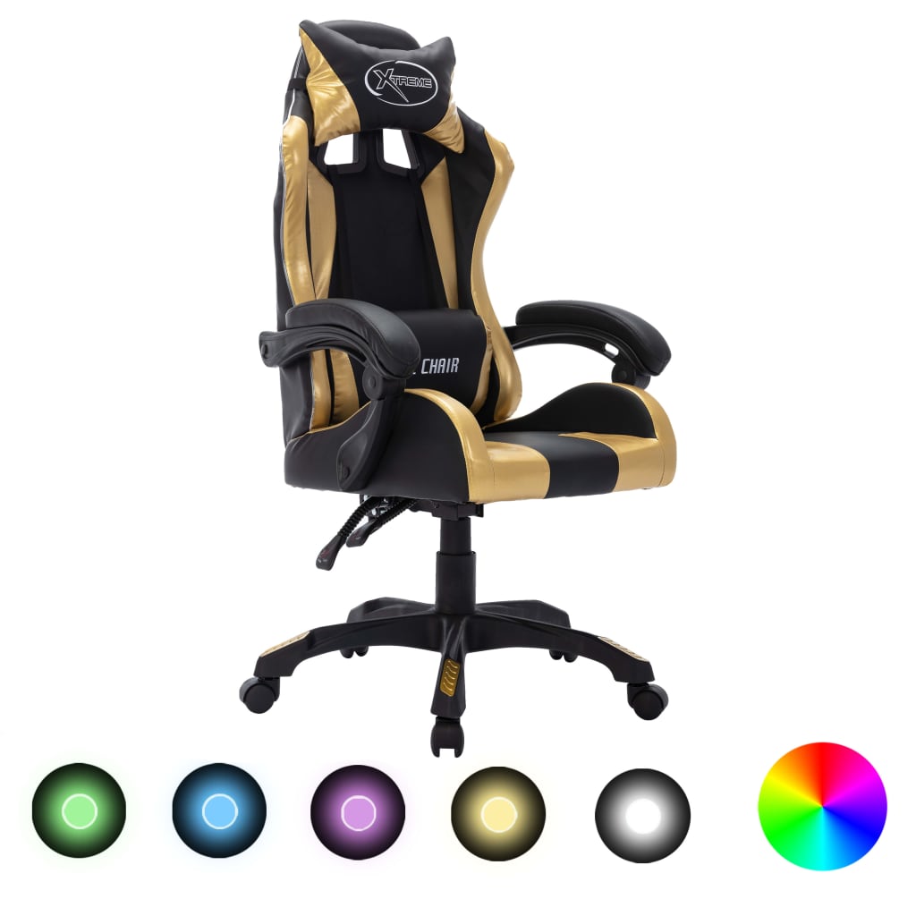 Vidaxl racestoel met rgb led-verlichting kunstleer goudkleurig en zwart