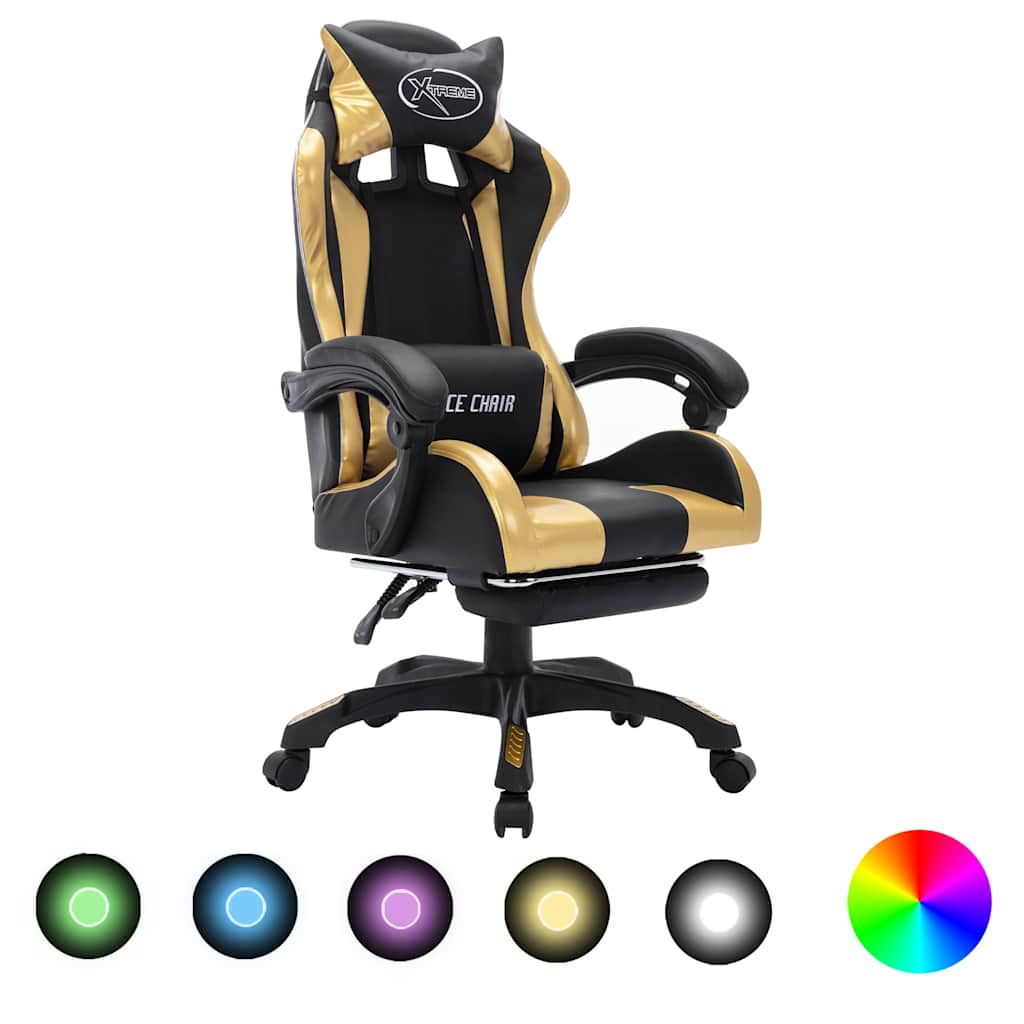 Vidaxl racestoel met rgb led-verlichting kunstleer goudkleurig en zwart