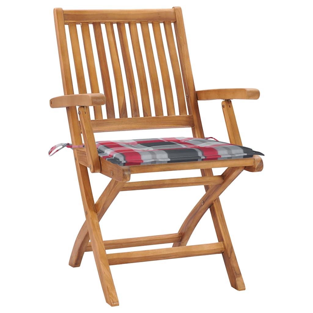 Vidaxl tuinstoelen 2 st met rood geruite kussens massief teakhout