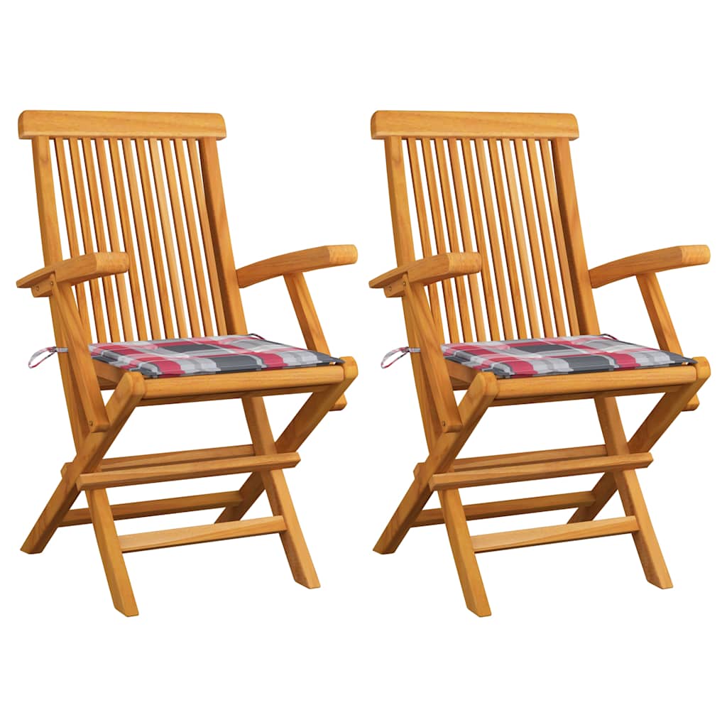 Vidaxl tuinstoelen 2 st met rood geruite kussens massief teakhout