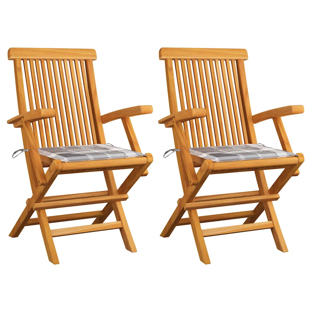 Vidaxl tuinstoelen 2 st met grijs geruite kussens massief teakhout
