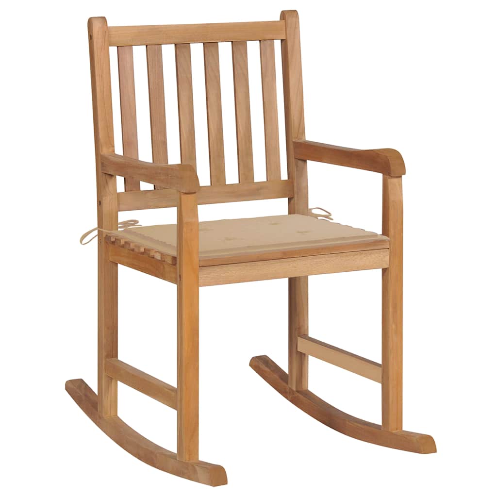 Vidaxl schommelstoel met beige kussen massief teakhout