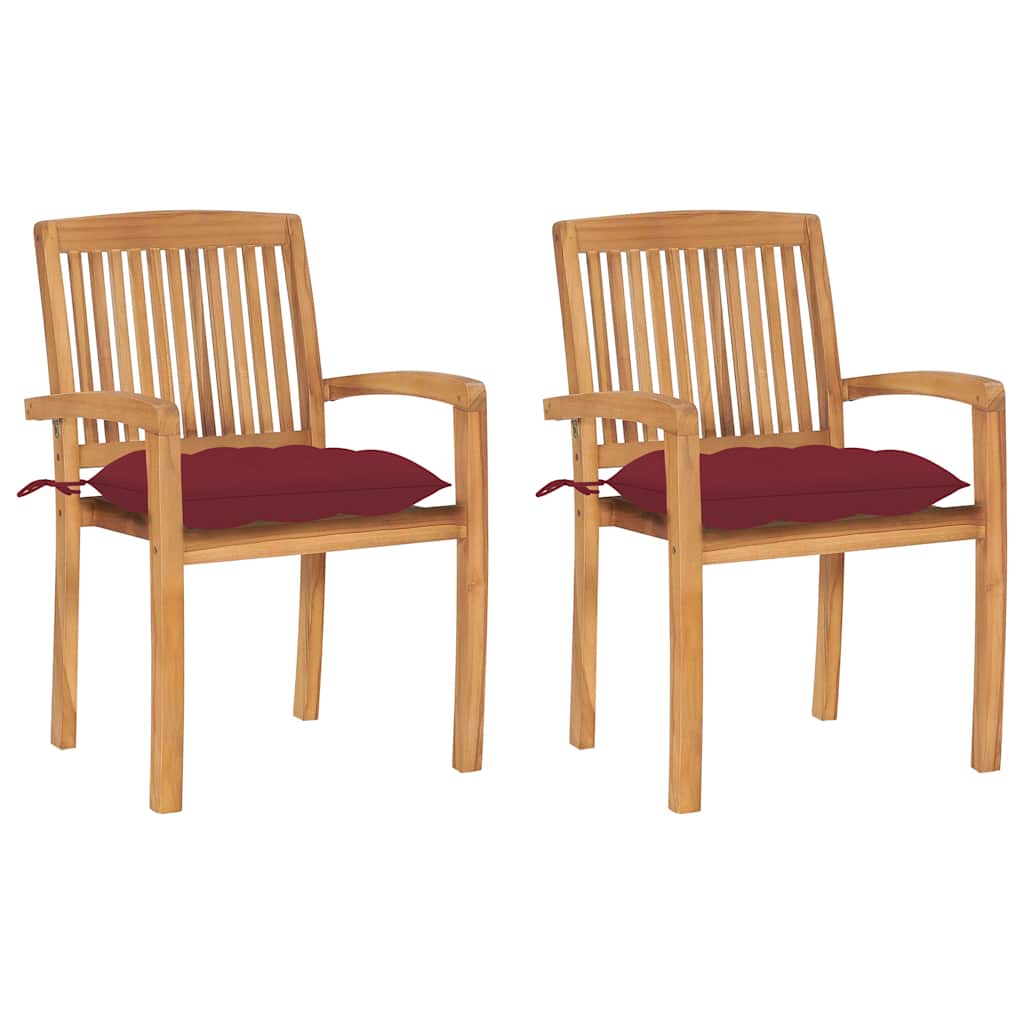 Vidaxl tuinstoelen 2 st met wijnrode kussens massief teakhout
