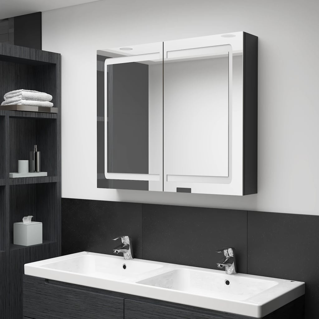 Vidaxl badkamerkast met spiegel en led 80x12x68 cm glanzend zwart
