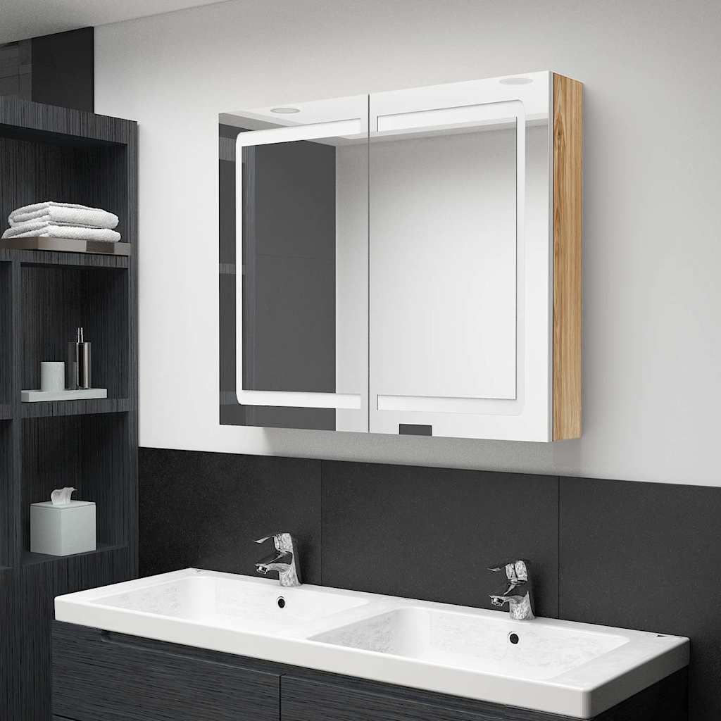 Vidaxl badkamerkast met spiegel en led 80x12x68 cm wit en eikenkleurig