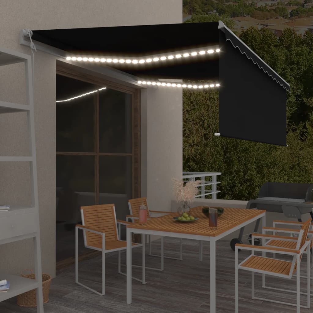 VidaXL Luifel met rolgordijn, LED en windsensor 4x3 m antracietkleurig