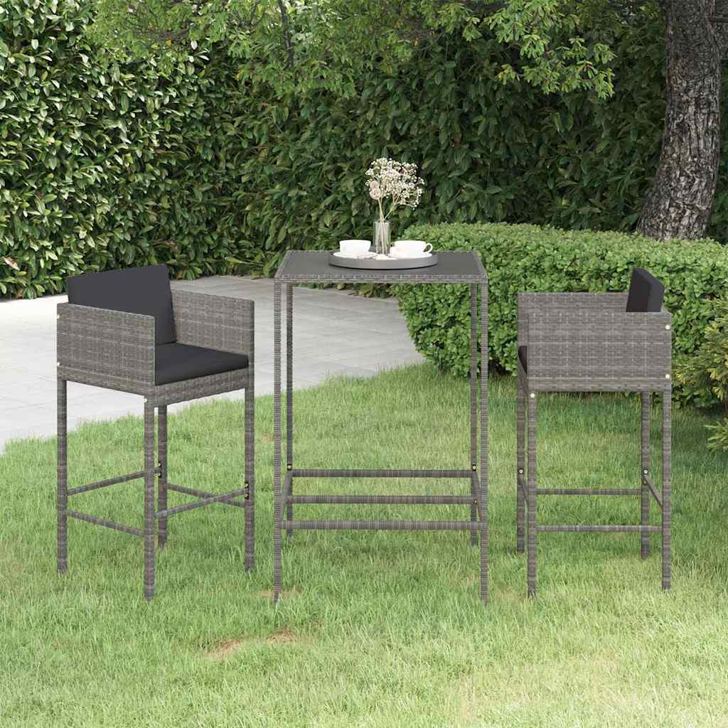 Vidaxl 3-delige tuinbarset met kussens poly rattan grijs