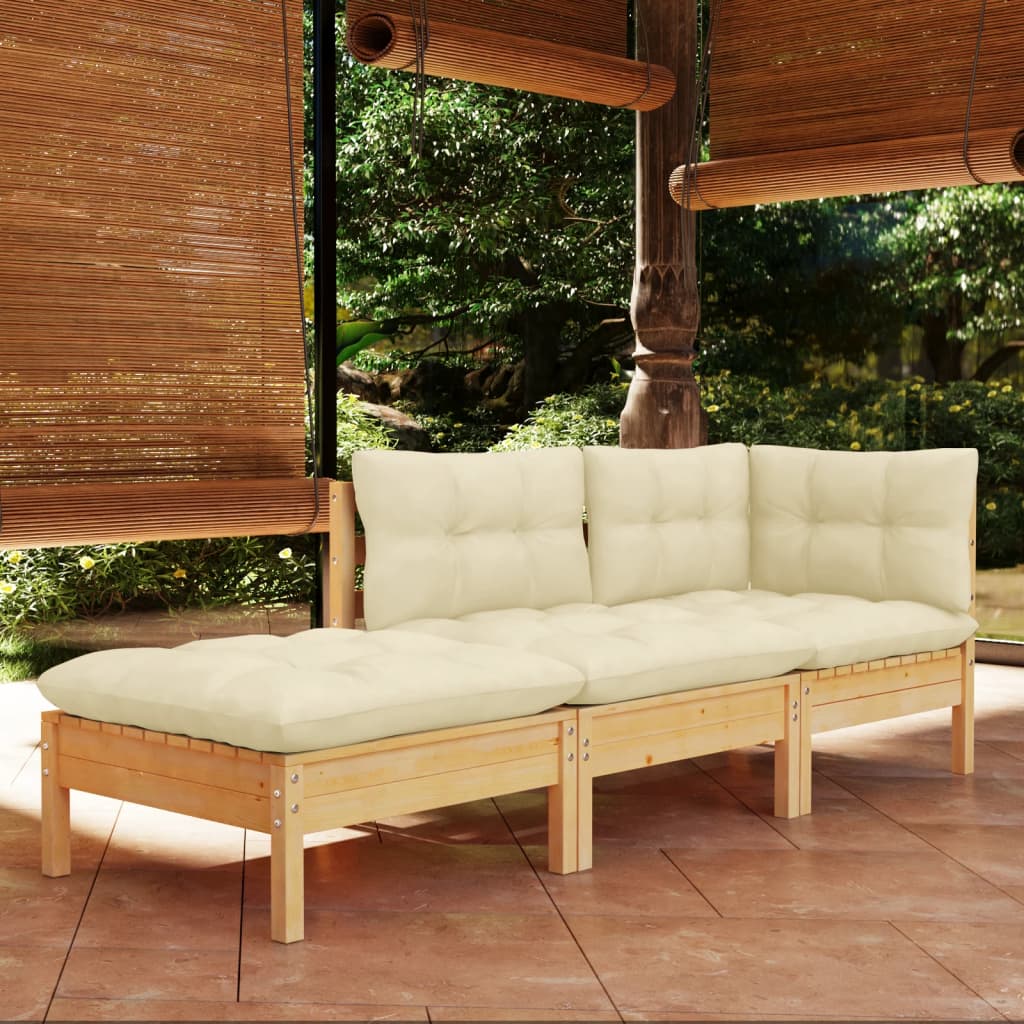 Vidaxl 3-delige loungeset met crèmekleurige kussens massief grenenhout