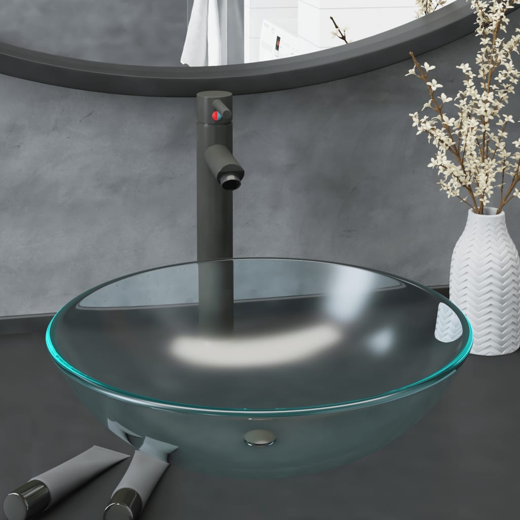 Vidaxl wastafel met kraan en pop-up afvoer mat gehard glas