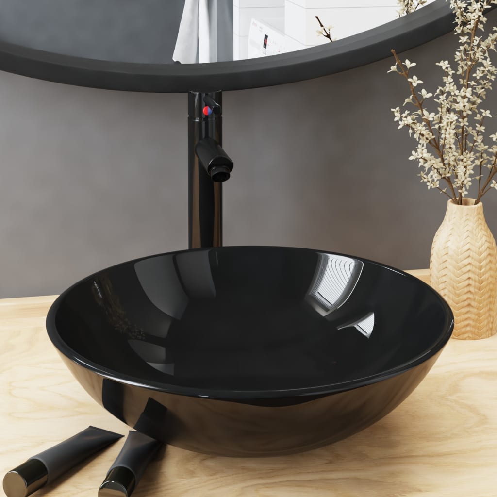 Vidaxl wastafel met kraan en pop-up afvoer gehard glas zwart