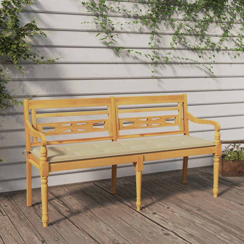Vidaxl bankje batavia met beige kussen 150 cm massief teakhout