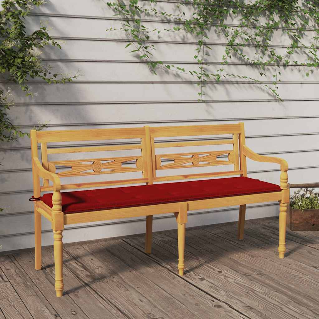Vidaxl bankje batavia met rood kussen 150 cm massief teakhout