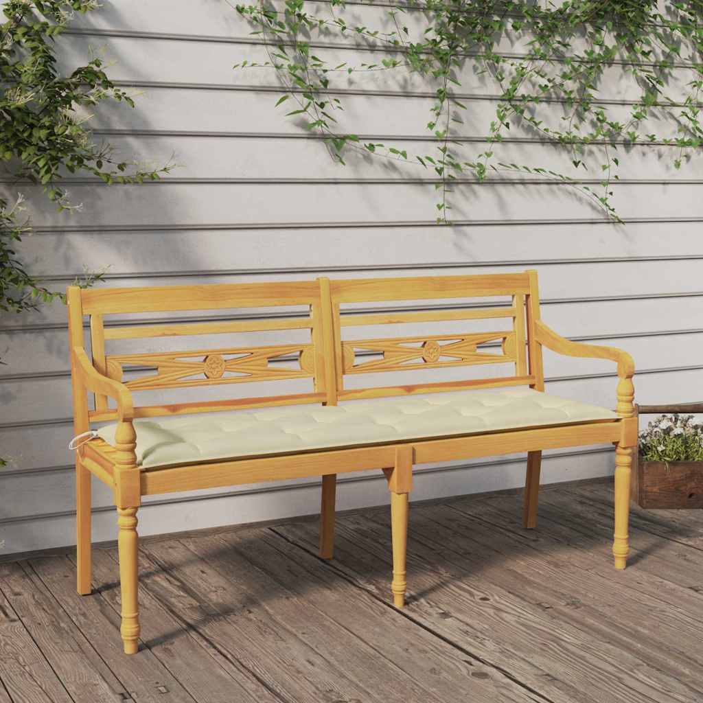 Vidaxl bankje batavia met crèmekleurig kussen 150 cm massief teakhout