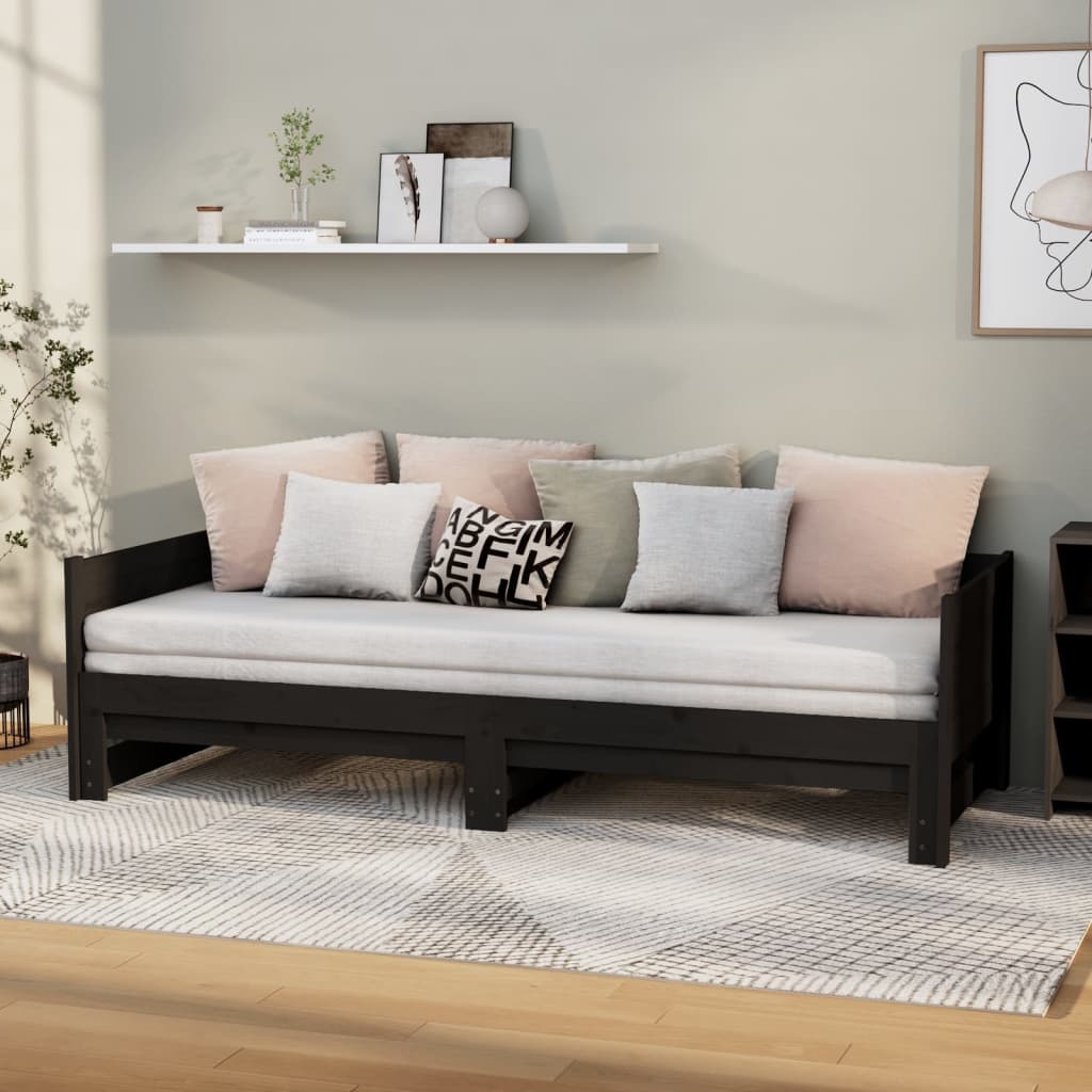 Vidaxl slaapbank uitschuifbaar massief grenenhout zwart 2x(90x200) cm