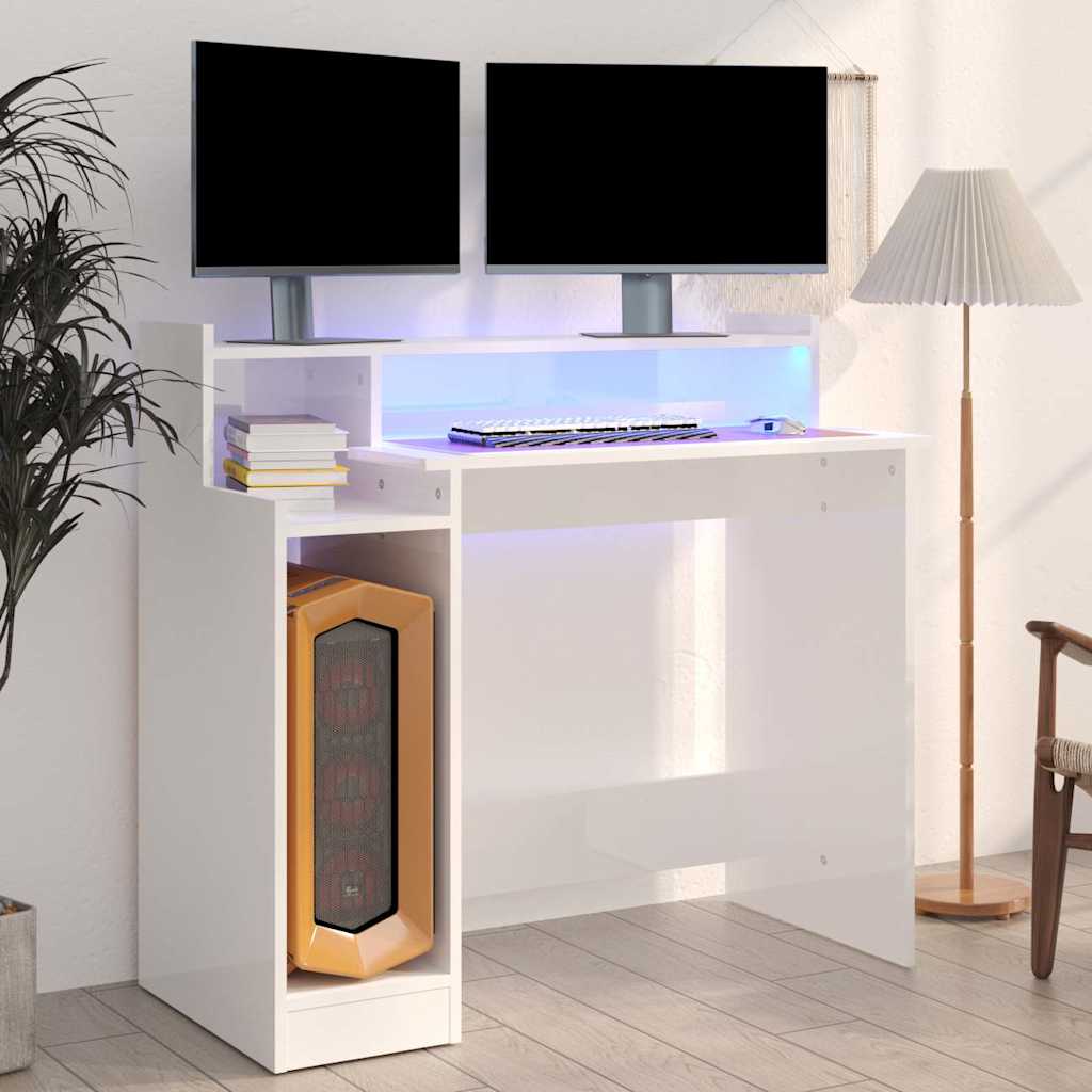 Vidaxl bureau met led-verlichting 97x45x90 cm hout hoogglans wit