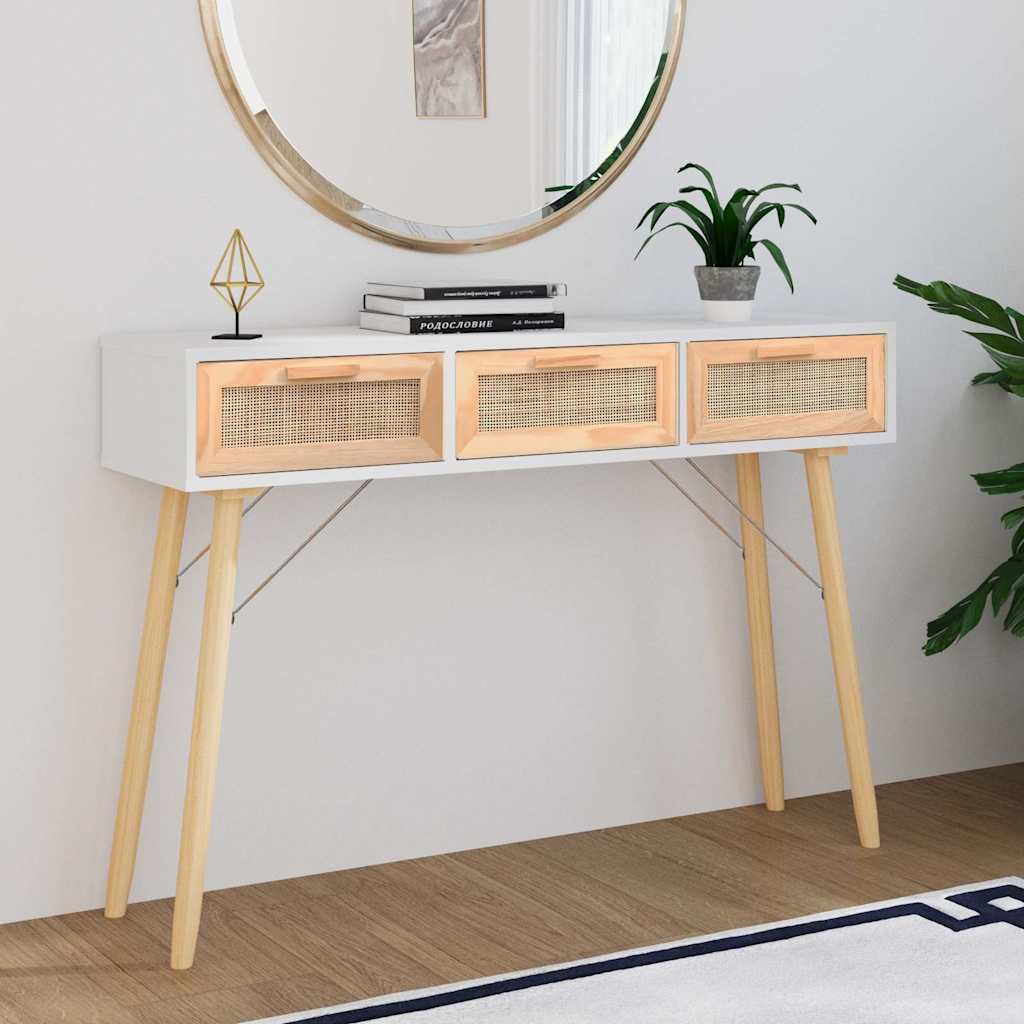 Vidaxl wandtafel 105x30x75 cm massief grenenhout en natuurlijk rattan