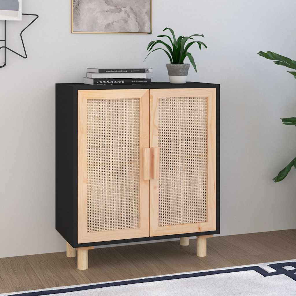 Vidaxl dressoir 60x30x70 cm massief grenen hout en rattan zwart