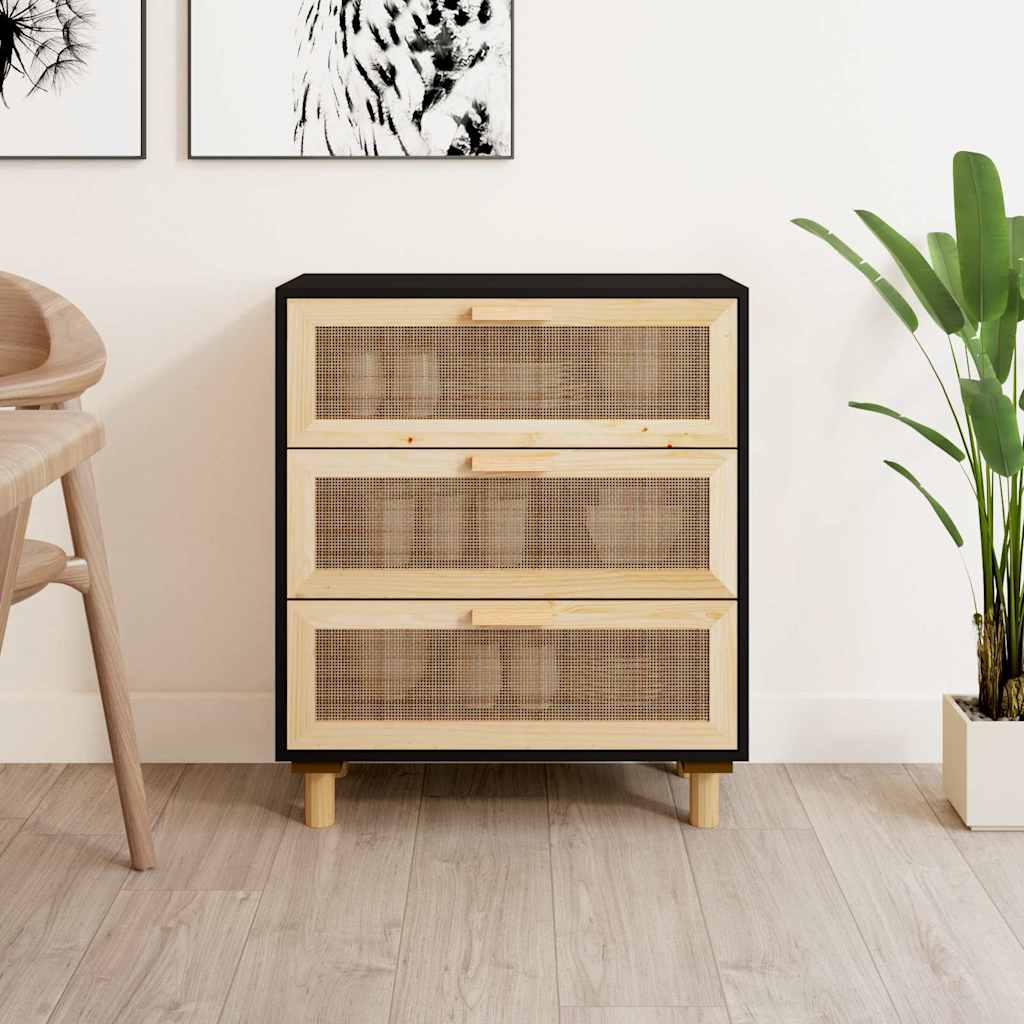 Vidaxl dressoir 60x30x70 cm massief grenen hout en rattan zwart