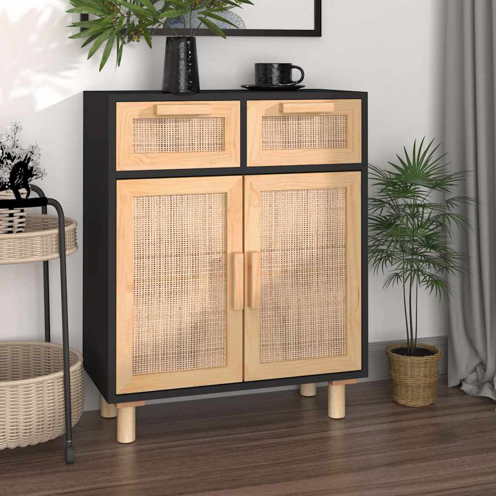 Vidaxl dressoir 60x30x75 cm massief grenen hout en rattan zwart