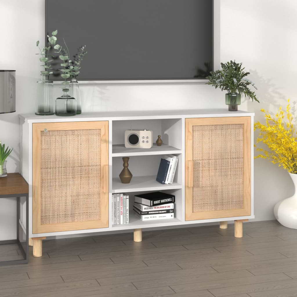 Vidaxl dressoir 105x30x60 cm massief grenenhout en rattan wit