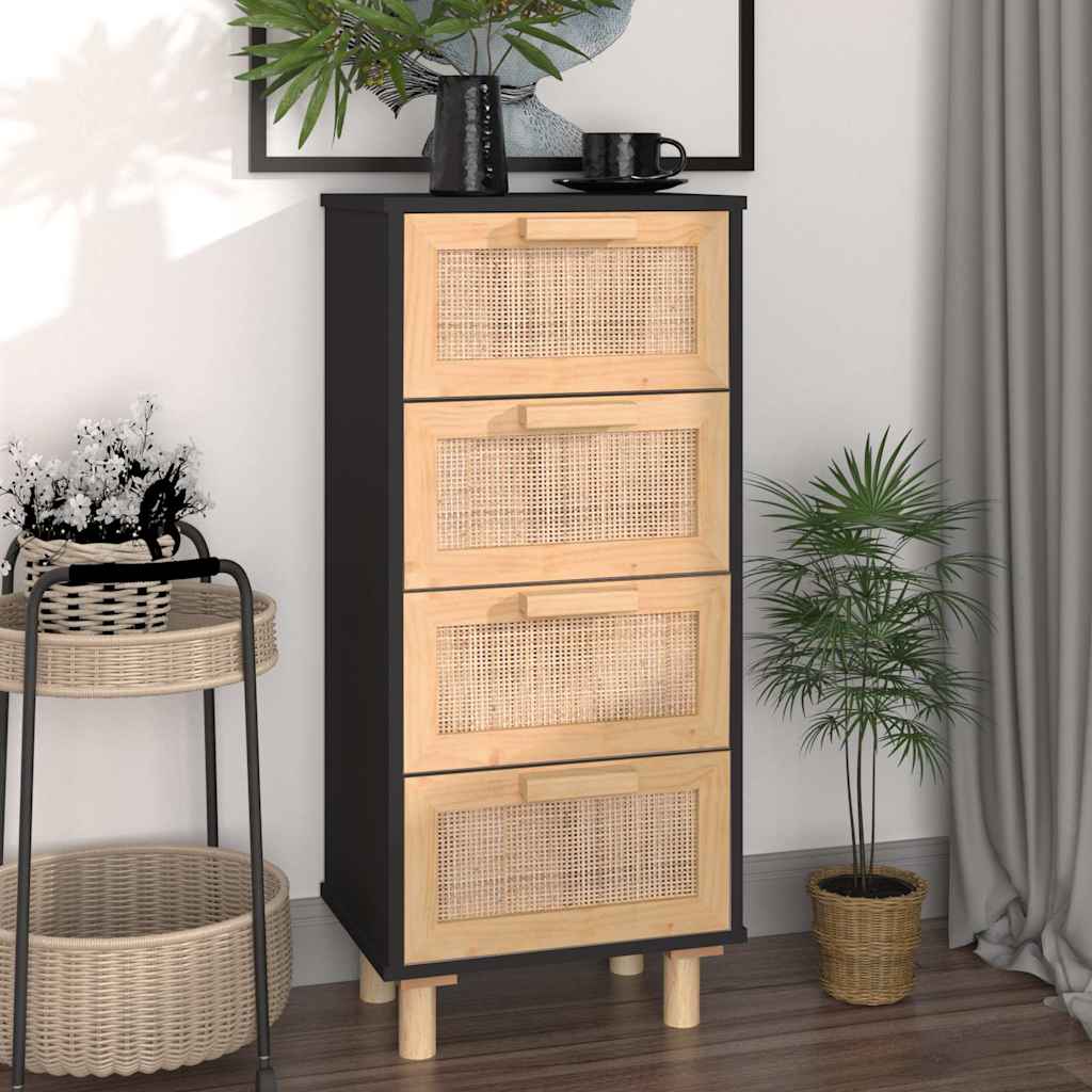 Vidaxl dressoir 40x30x90 cm massief grenen hout en rattan zwart