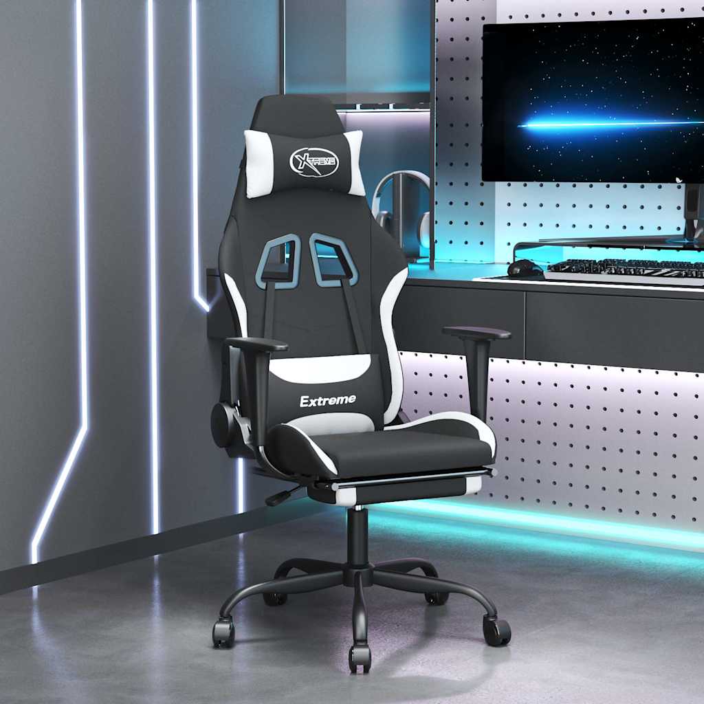 Vidaxl massage gamestoel met voetensteun stof zwart en wit