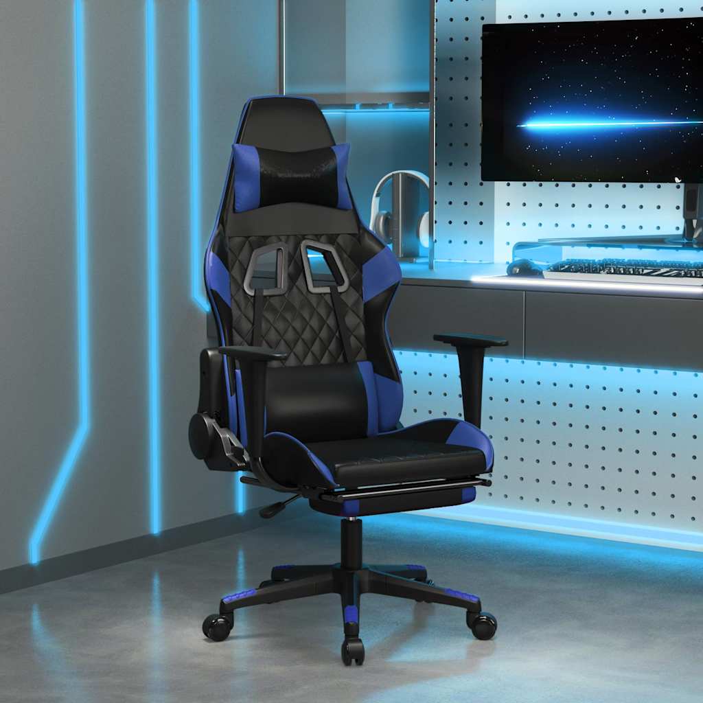Vidaxl massage gamestoel met voetensteun kunstleer zwart en blauw