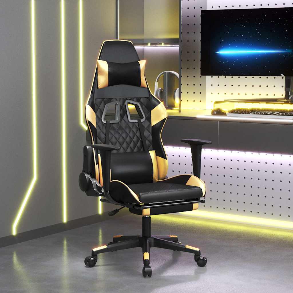 Vidaxl massage gamestoel met voetensteun kunstleer zwart goudkleurig