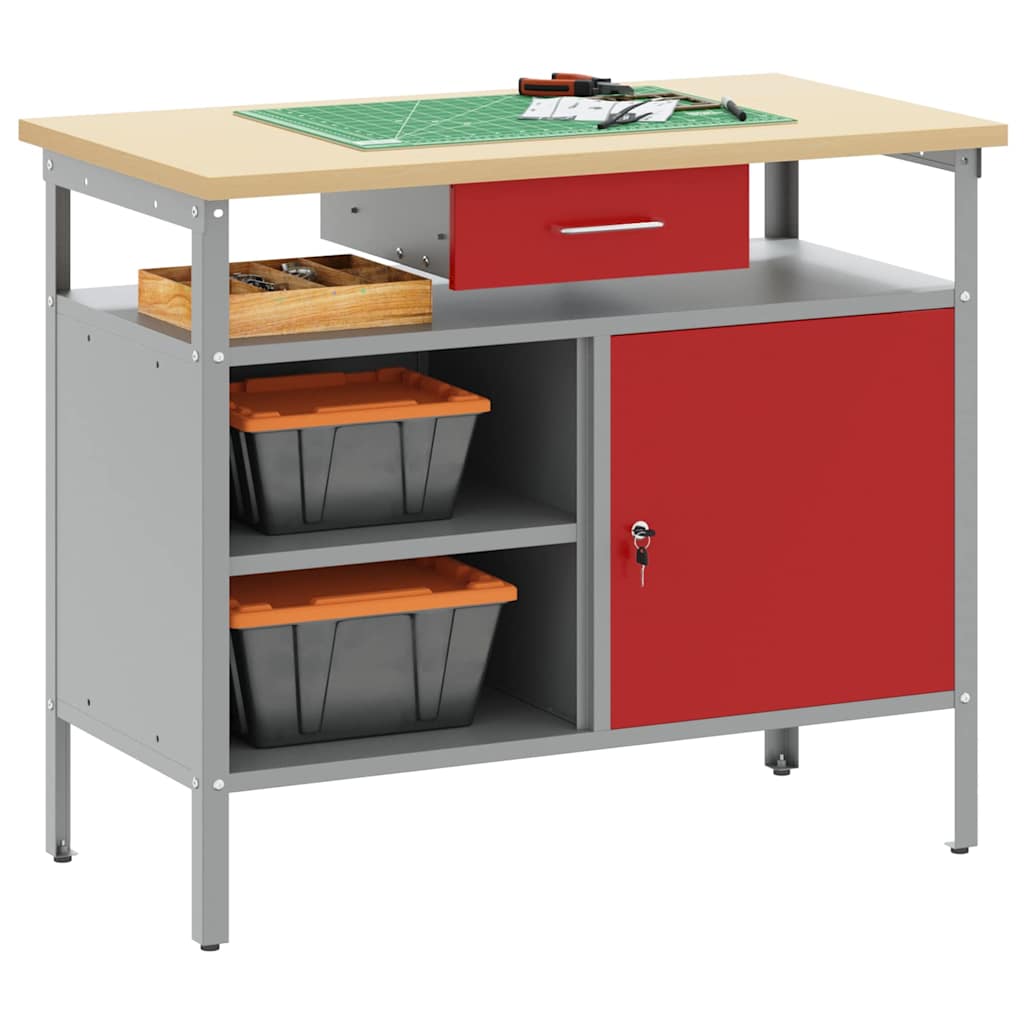 Vidaxl werkbank met lade met plank rood en grijs 100 x 55 x 85 cm