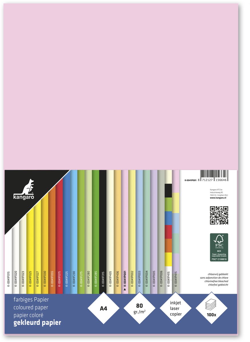 Kangaro gekleurd papier - formaat a4 - 80 grams - pastel roze - pak 100 vel - k-0041p001