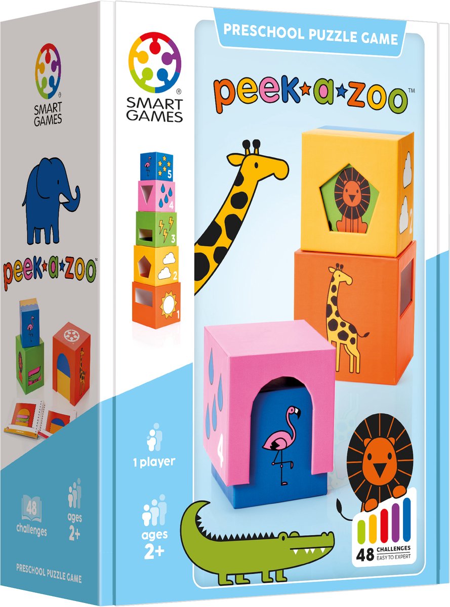 Smartgames peek-a-zoo - educatief stapelspel - 48 ruimtelijke puzzelopdrachten - solospel voor peuters kleuters - vanaf 2 jaar
