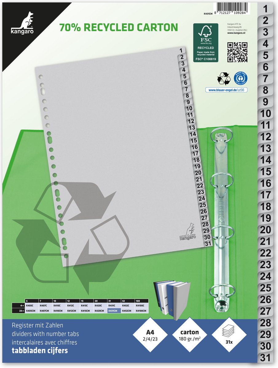 Kangaro tabbladen - a4 - cijfers 31-delig - eco karton 180 grams - 23-gaats - k431cm