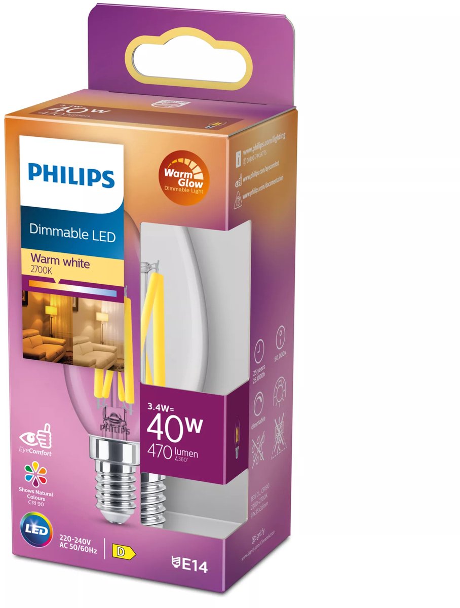 Philips led kaars transparant - 40 w - e14 - dimbaar warmwit licht