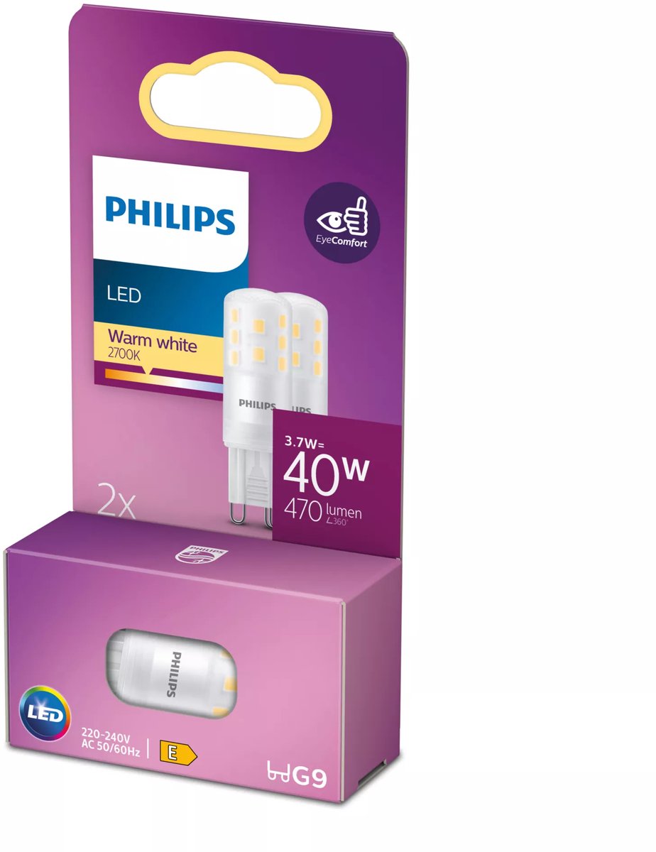 Philips led energiezuinige capsule transparant - 40 w - g9 - warmwit licht - 2 stuks - bespaar op energiekosten