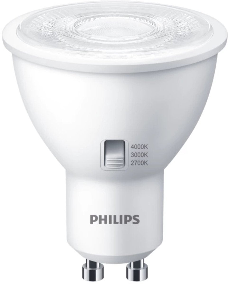 Philips led gu10 4.8w - instelbare lichtkleur cct-switch 2700k 3000k 4000k - 36° - dimbaar | gu10 | extra warm wit-warm wit-koel wit | 4.8 watt | 15.000 branduren