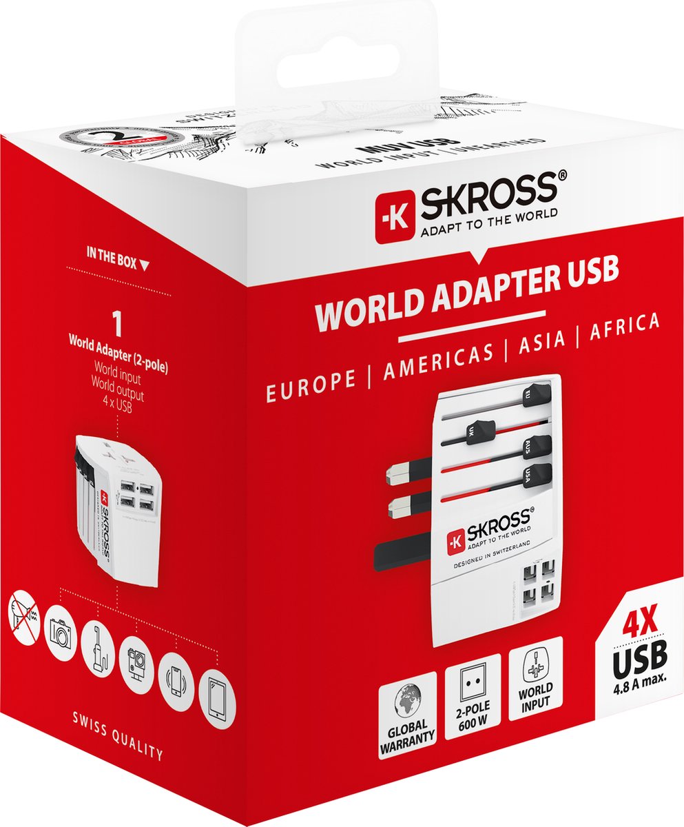 Skross - world travel adapter 2-pole + 4 usb charger + 1 type c 2400 ma white