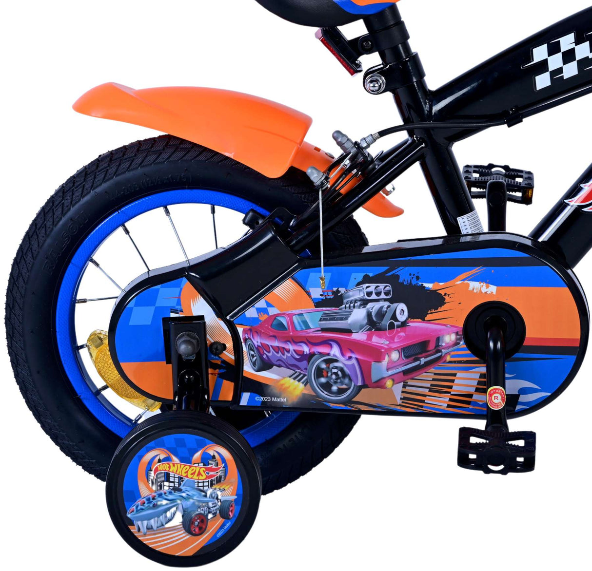 Volare hot wheels kinderfiets - jongens - 12 inch - zwart oranje blauw - twee handremmen