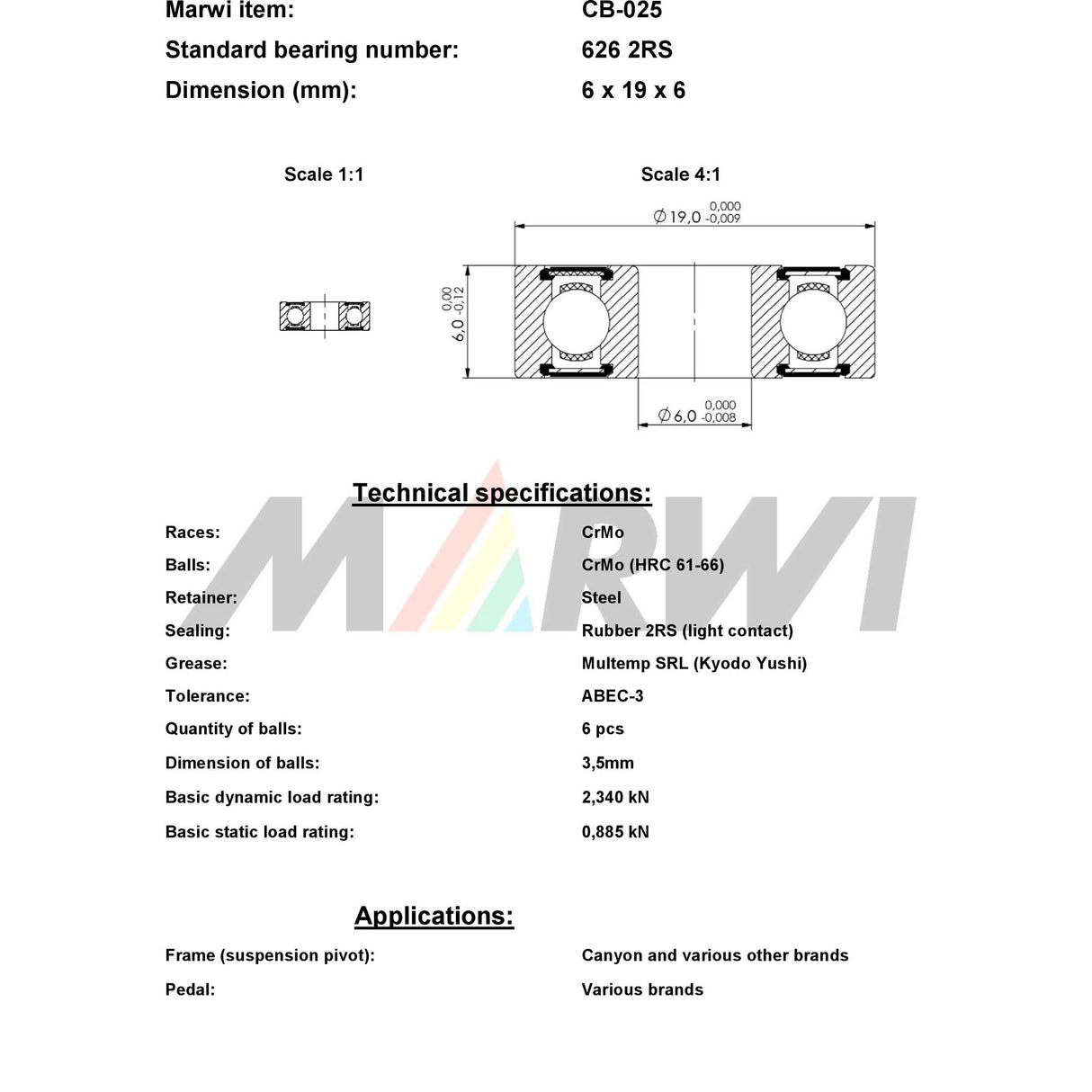 Marwi union kogellager cb-025 626 2rs - 6x19x6