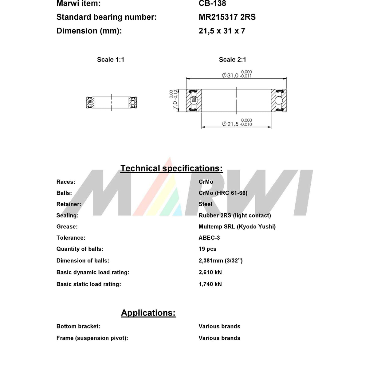 Marwi union kogellager cb-138 mr215317 21,5x31x7