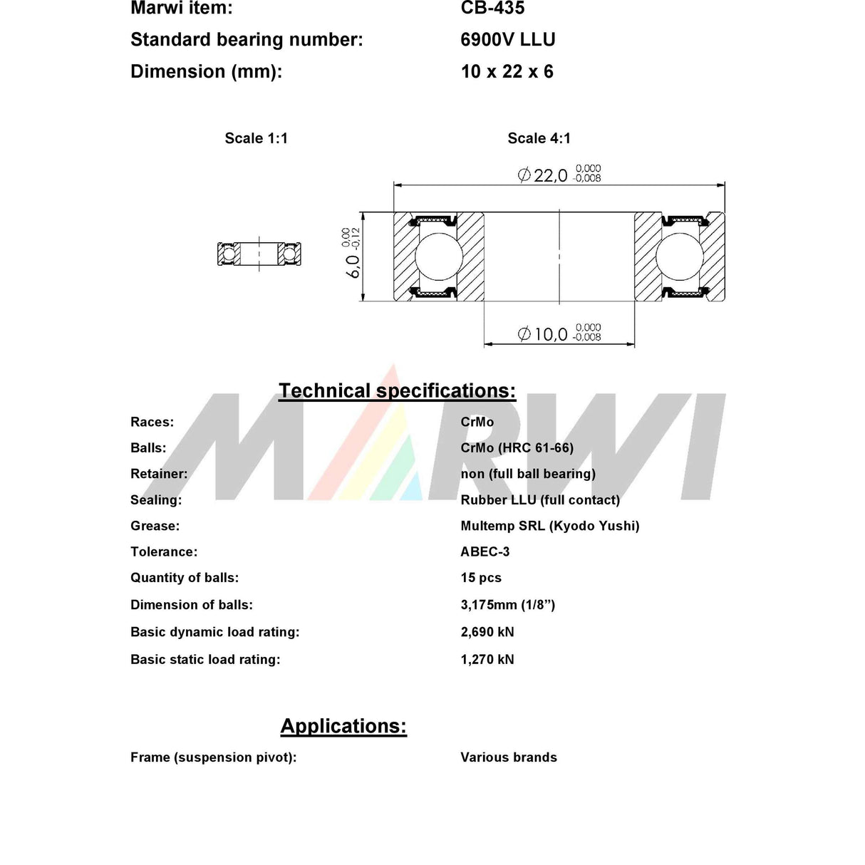Marwi union kogellager max cb-435 6900v llu 10x22x6