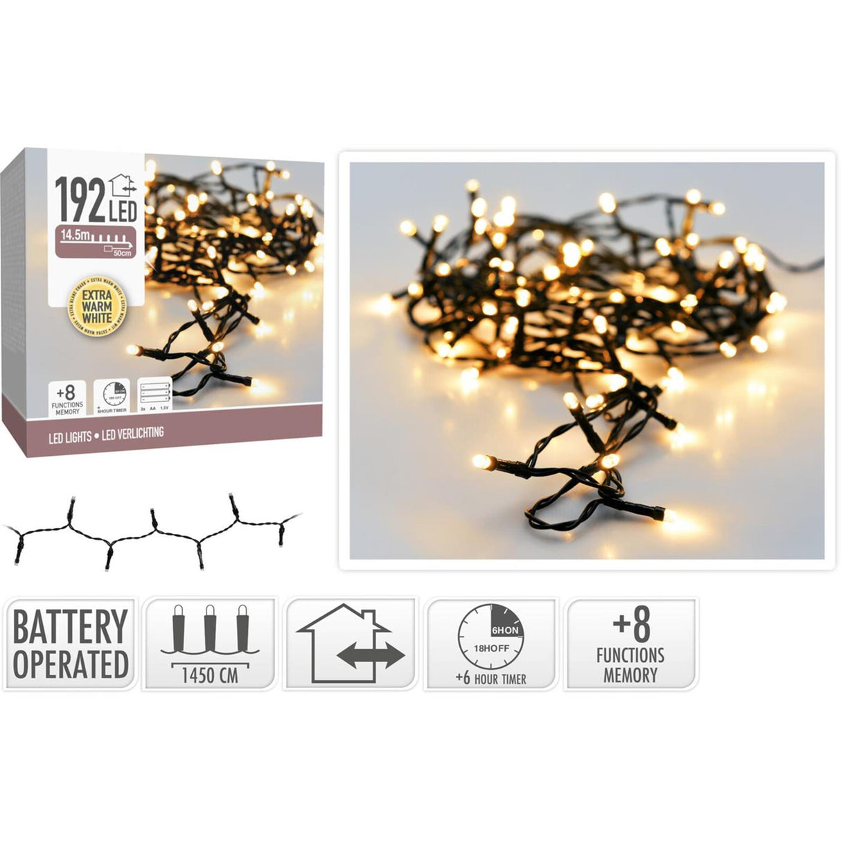 Kerstverlichting 192led batterij wit