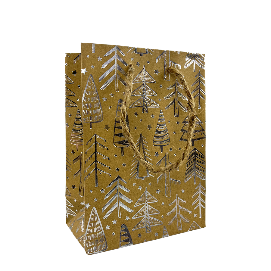 Cadeautas mini kraft kerstboom zilver 11x6x16cm