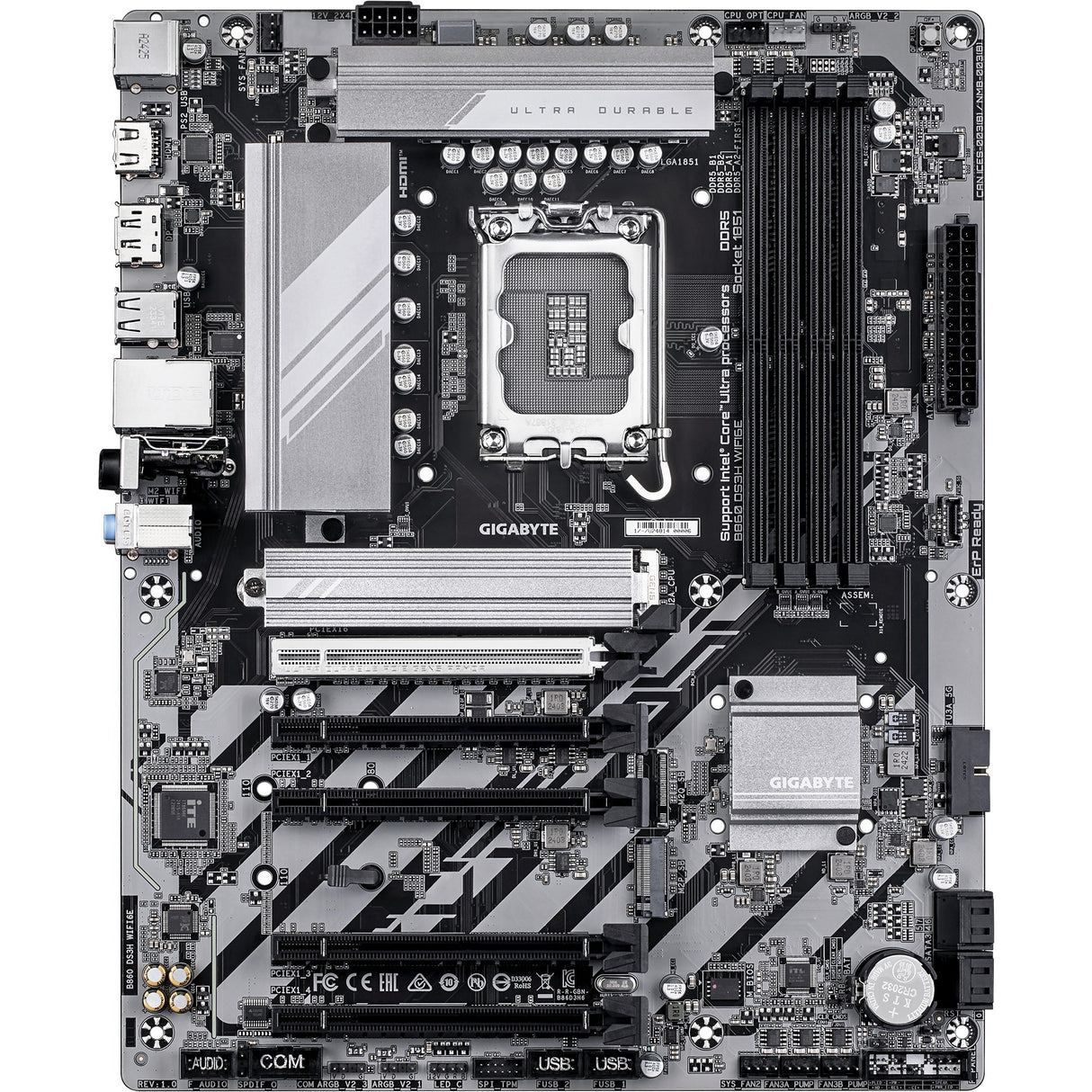 Gigabyte b860 ds3h wifi6e socket 1851 moederbord (zilver zwart, raid, 2.5gb-lan, wi-fi 6e, bt, sound, atx)