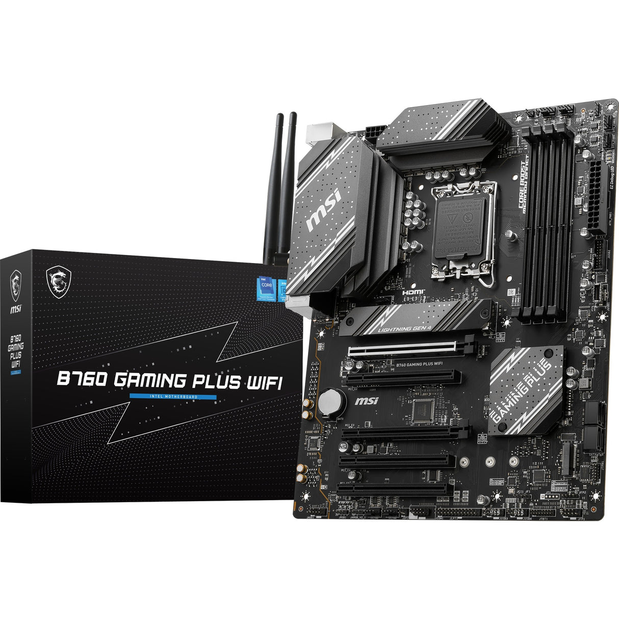 Msi b760 gaming plus wifi socket 1700 moederbord (grijs zwart, raid, 2.5gb-lan, wi-fi 6e, bt, sound, atx)
