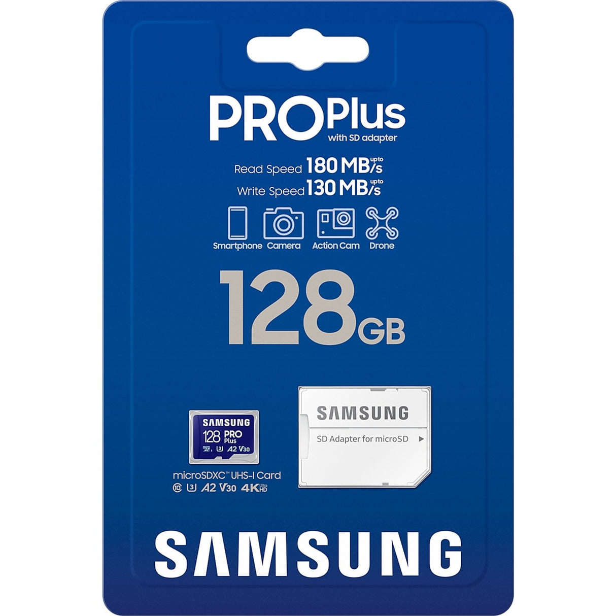 Samsung pro plus 128 gb microsdxc (2023) geheugenkaart (blauw, uhs-i u3, class 10, v30, a2)
