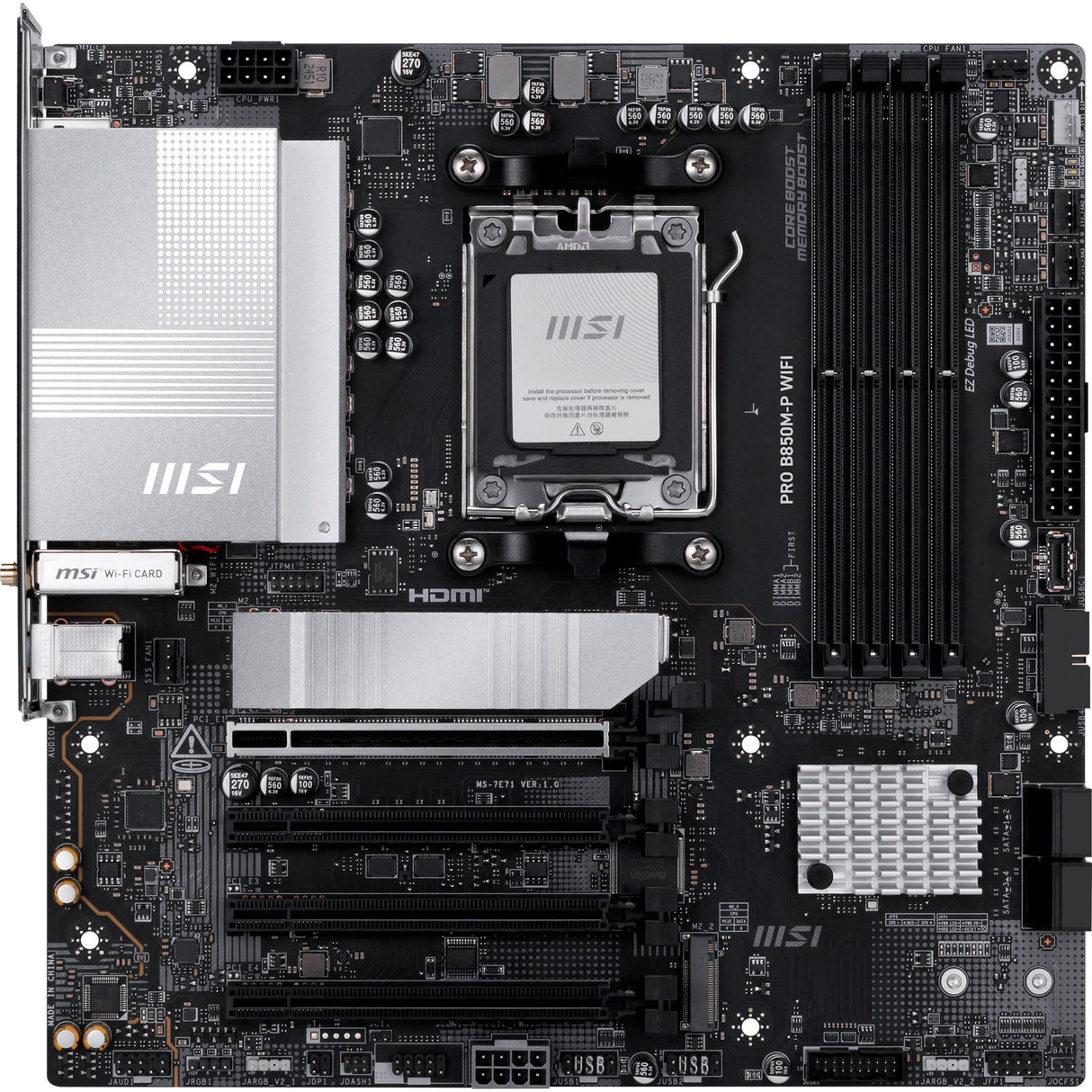 Msi pro b850m-p wifi socket am5 moederbord (zwart zilver, raid, 5gb-lan, wi-fi 7, bt, sound, µatx)