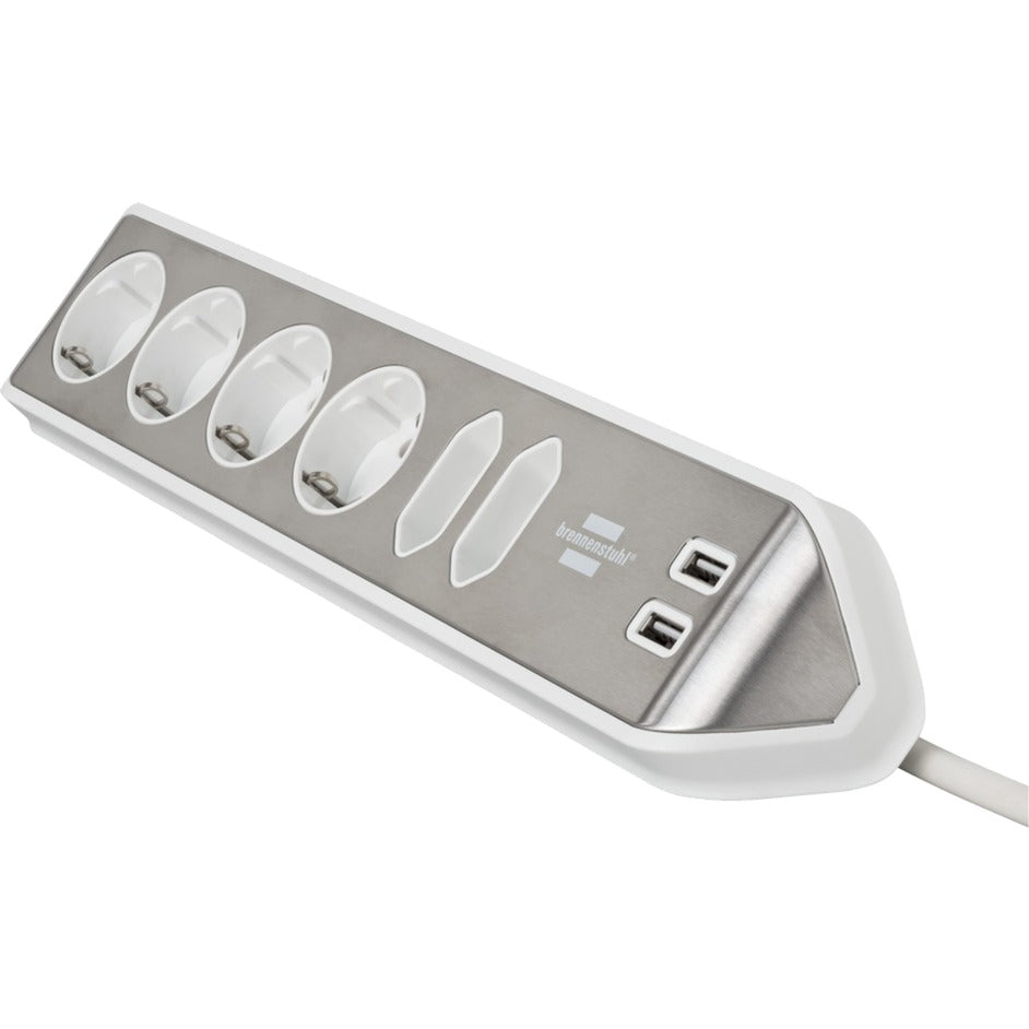Brennenstuhl ®estilo hoekaansluitdoosstrook met usb laadfunctie 6-weg 4x beschermende contactdozen 2x euro zilver wit