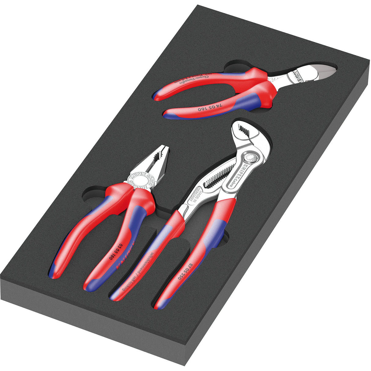 Wera 9784 schuimrubberen inzetstuk met knipex tangen set vde 1, 3‑delig tangenset (zwart grijs)