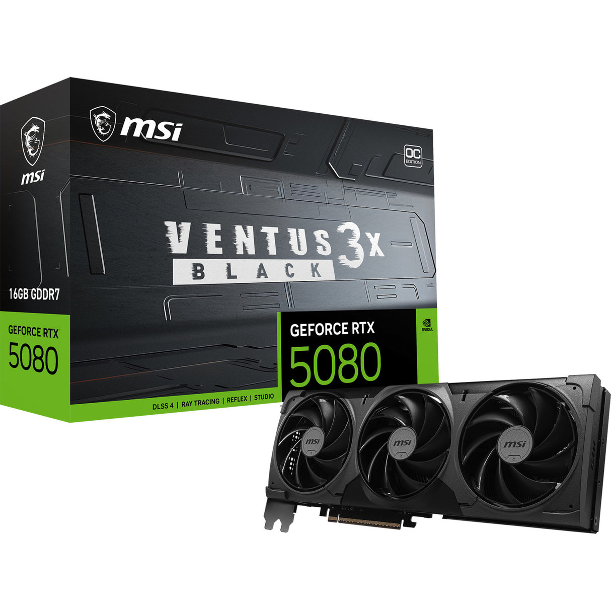 Msi geforce rtx 5080 16g ventus 3x oc black grafische kaart (zwart, 3x displayport, 1x hdmi)